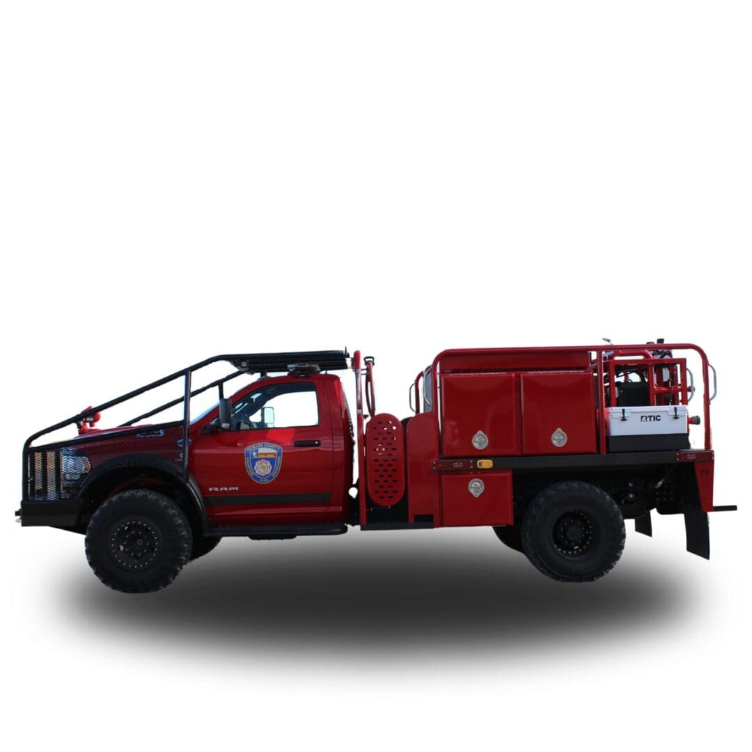 Red fire truck with a water tank.