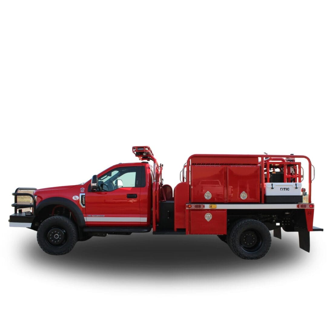 Red fire truck with water tank.