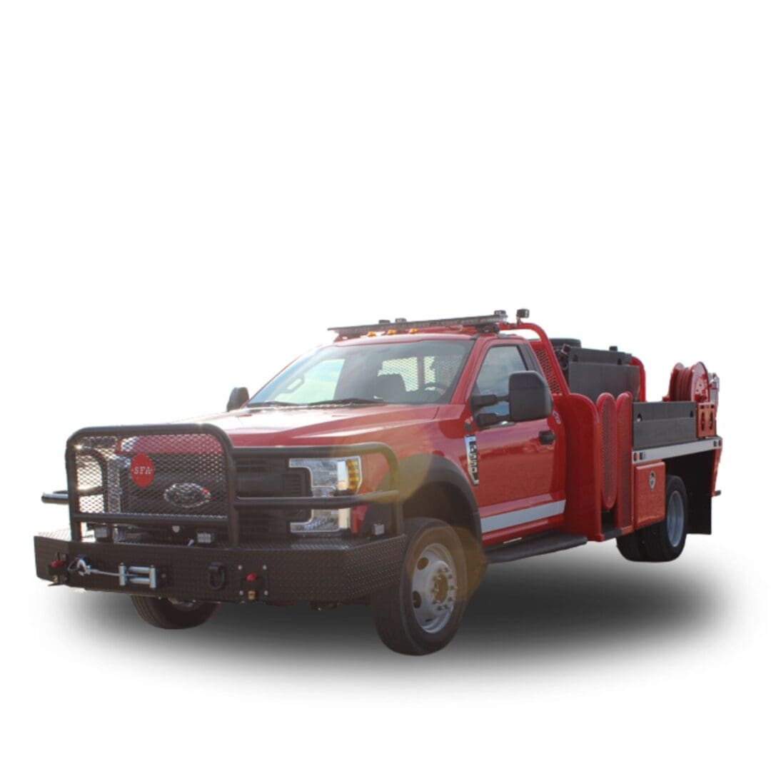 Red fire truck with black bumper.