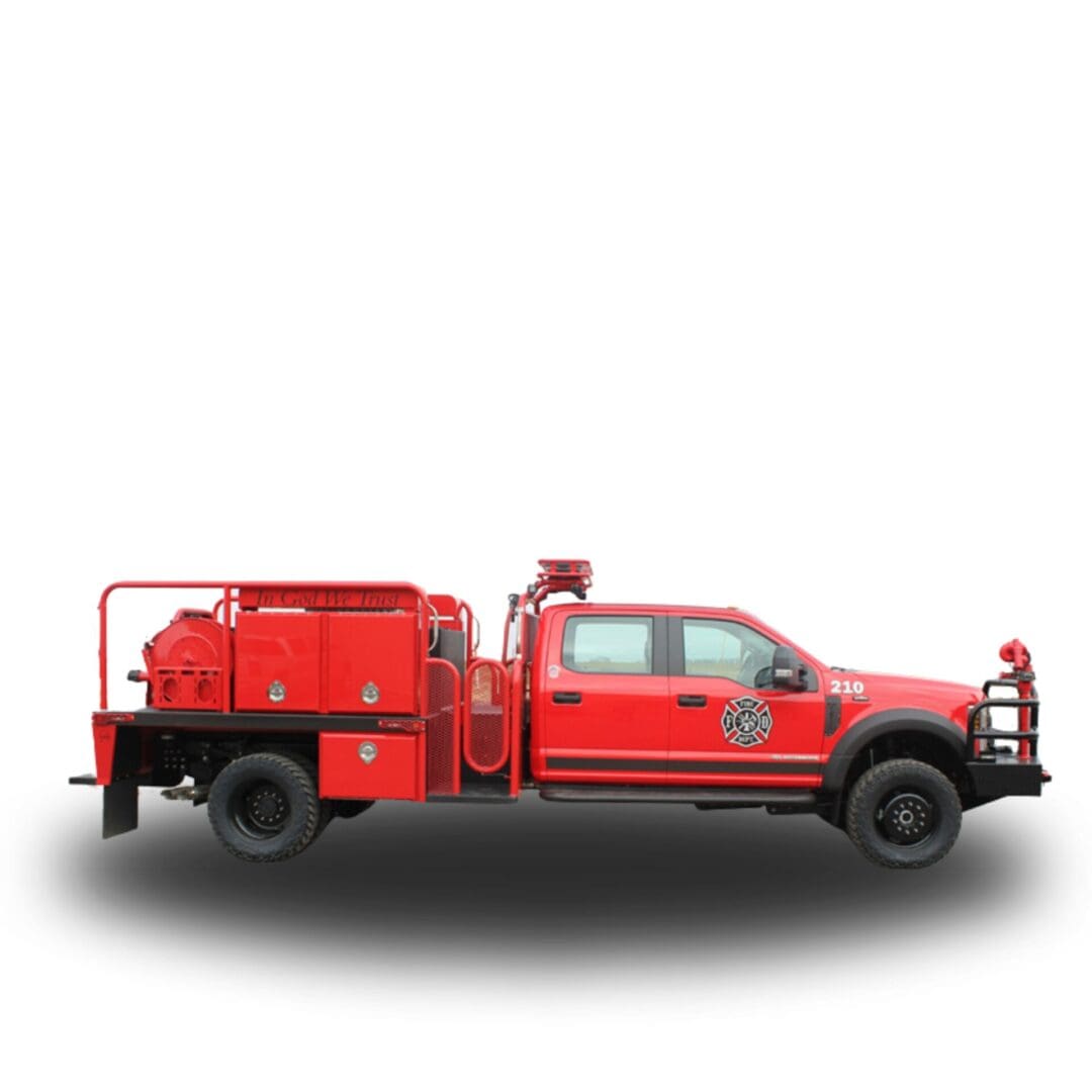 Red fire truck with a water tank.