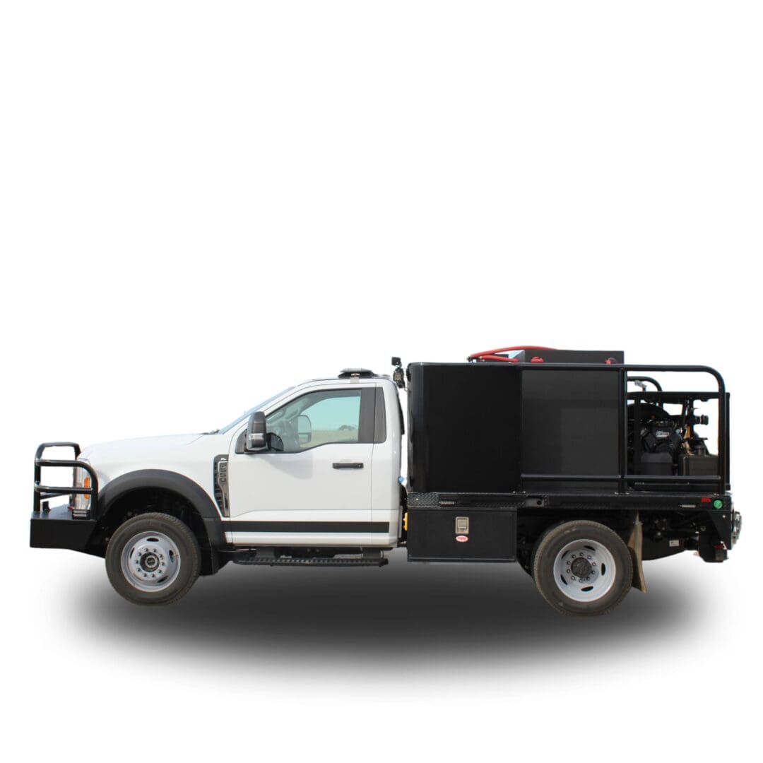 White utility truck with black service body.