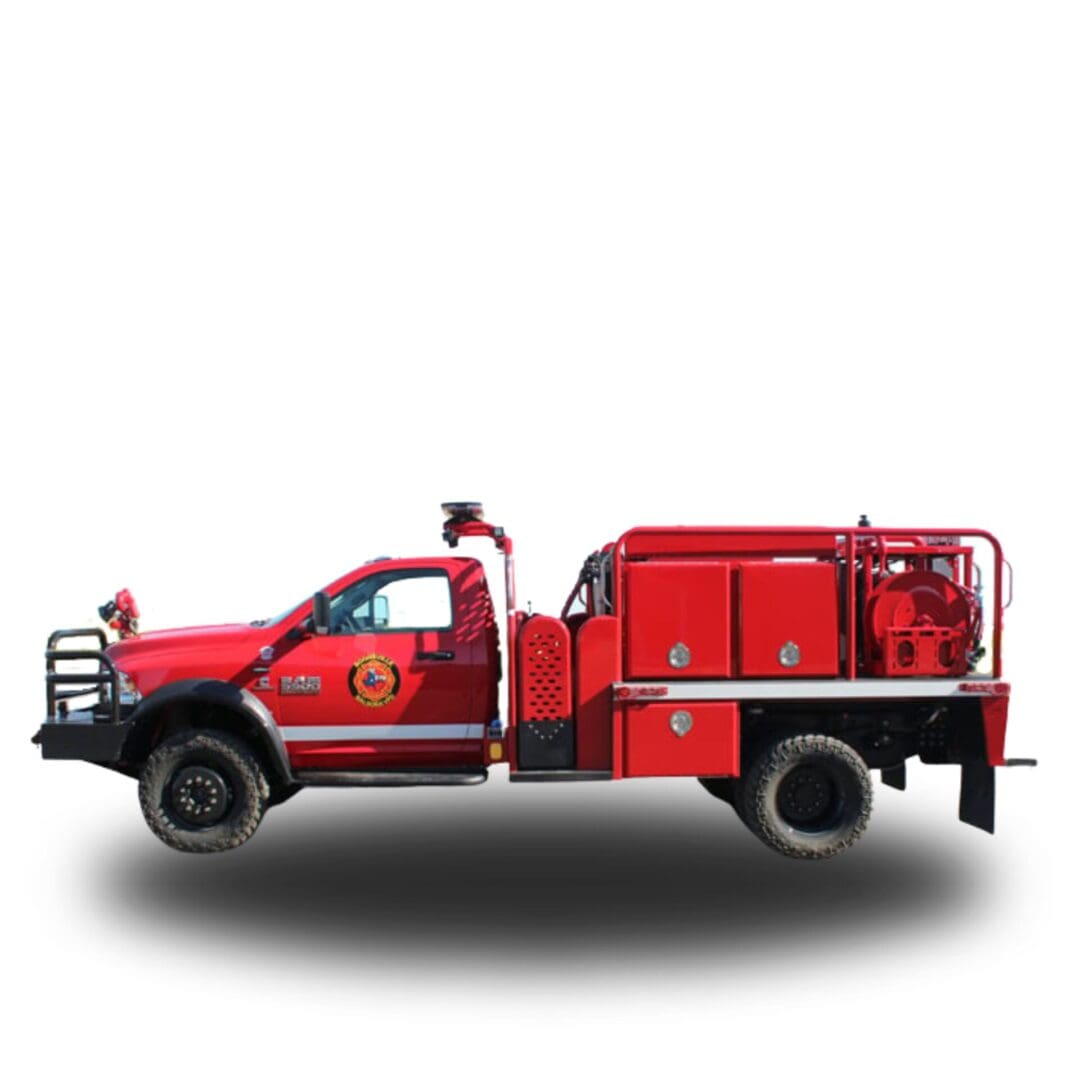 Red fire truck with water tank.