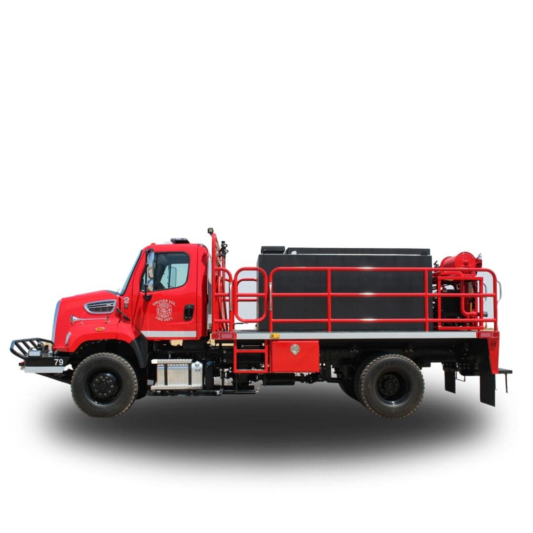 Red fire truck with water tank.