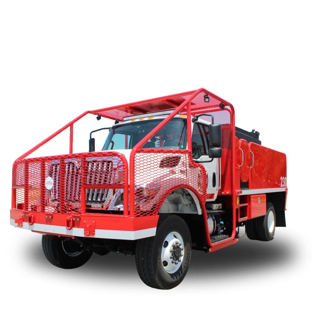 Red fire truck with a caged bed.