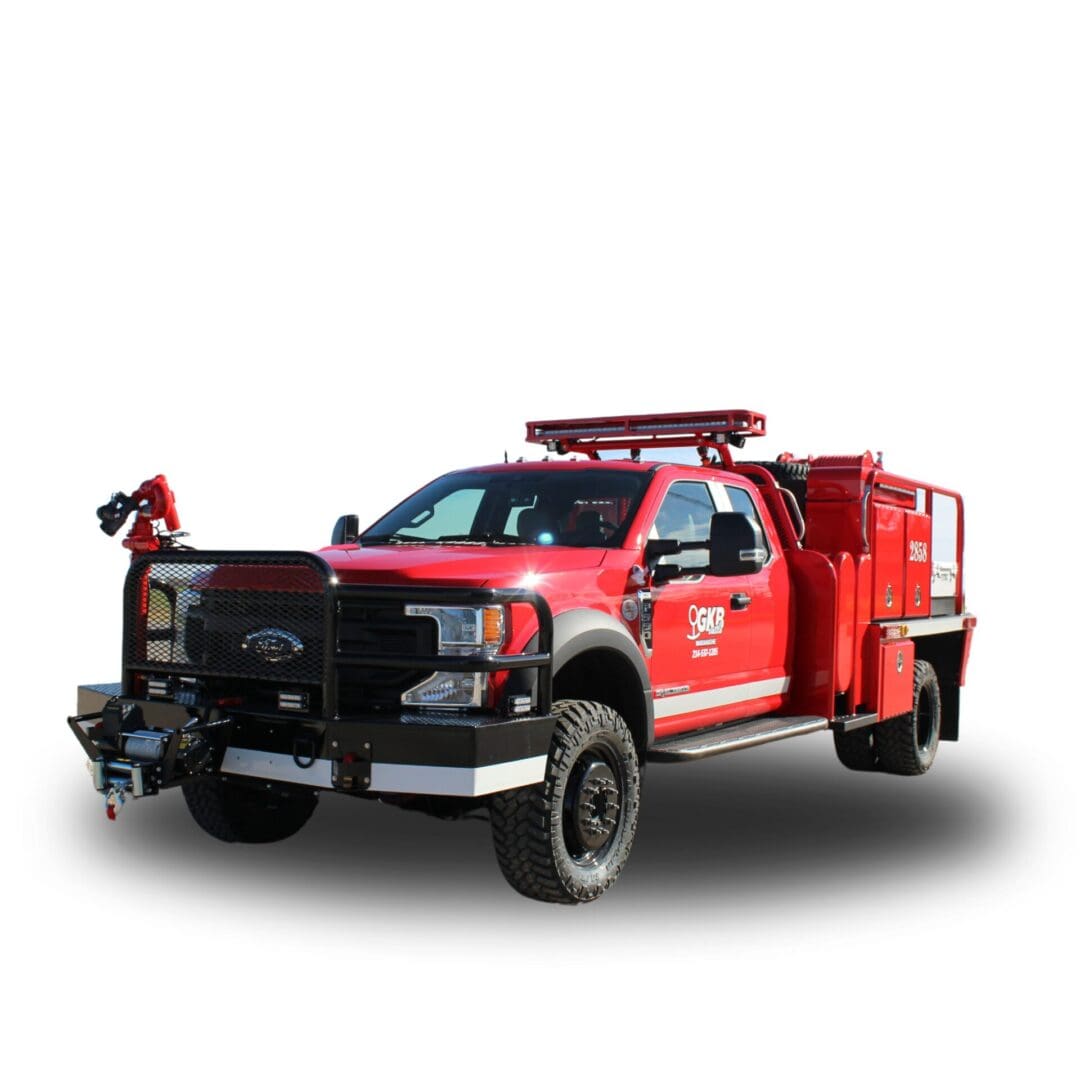 Red fire truck with black bumper and winch.