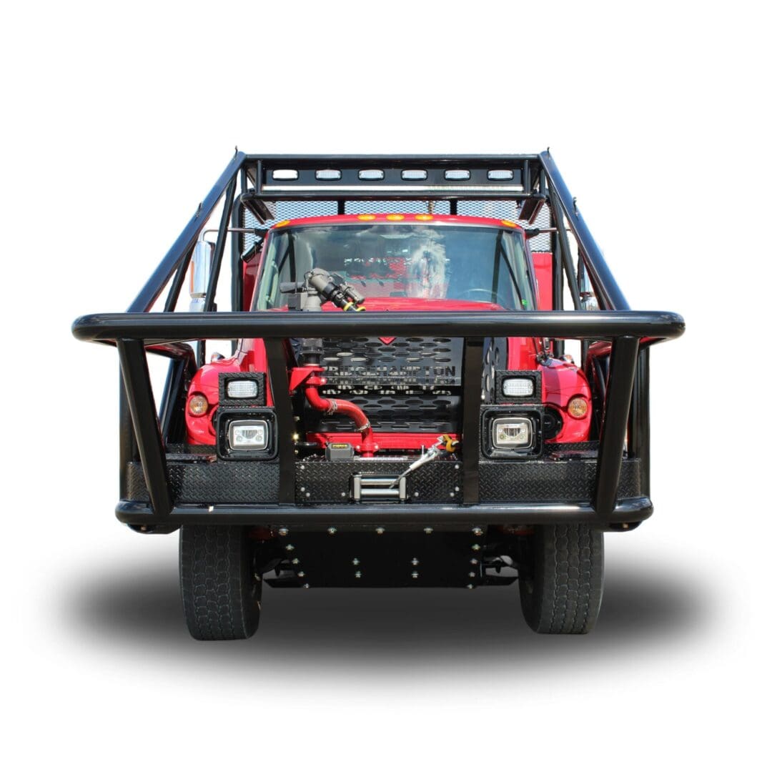 Red truck with black safety cage.