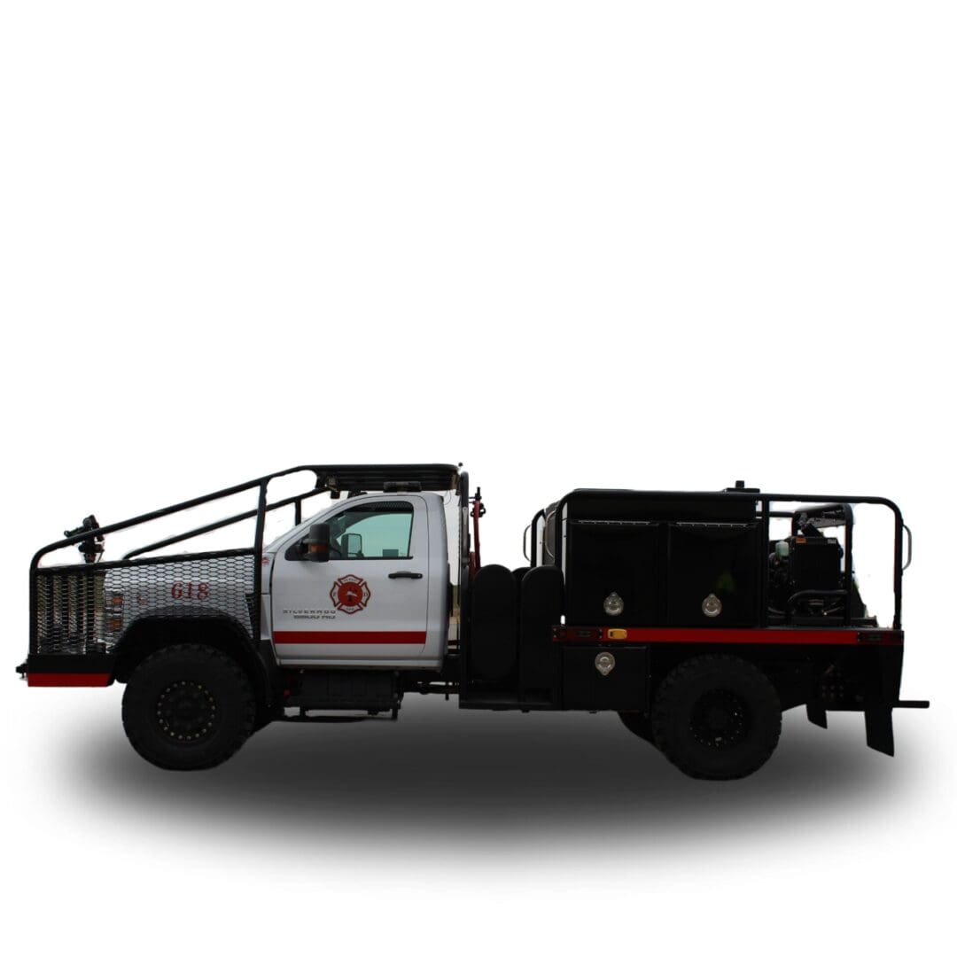 White fire truck with black tank.