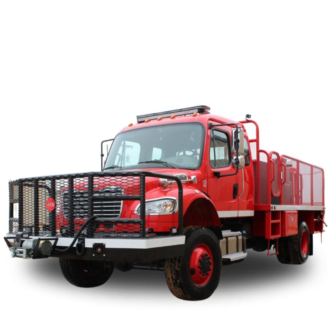 Red fire truck with black grill and bumper.