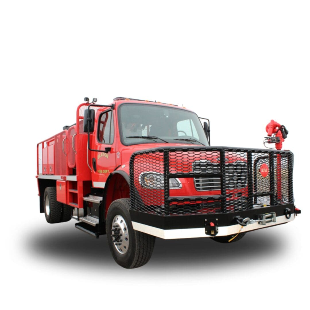 Red fire truck with black grill and bumper.