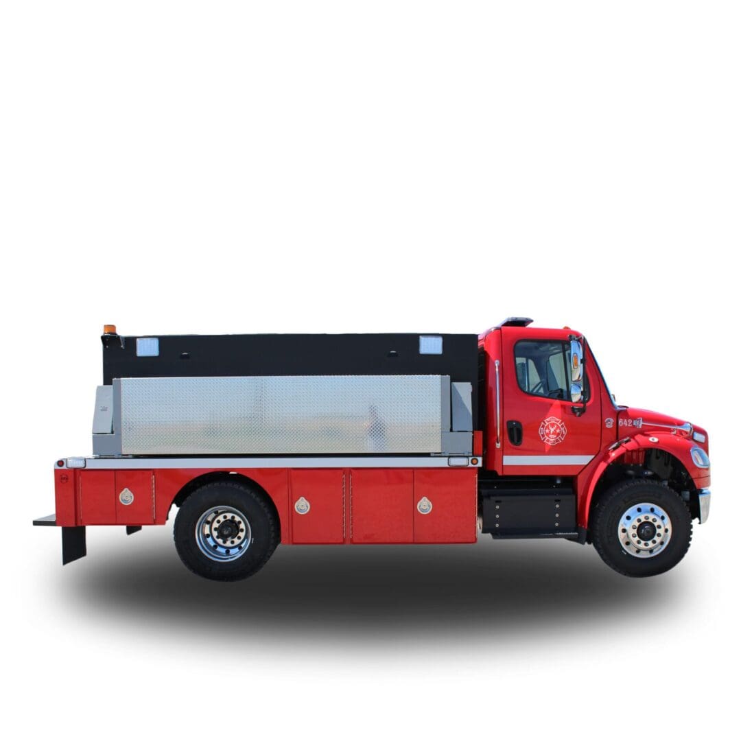 Red fire truck with water tank.