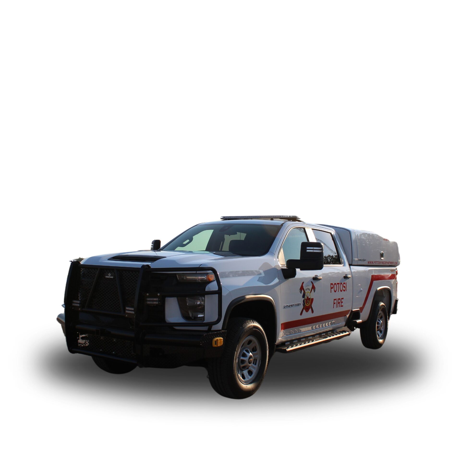 White pickup truck with Potosi Fire logo.