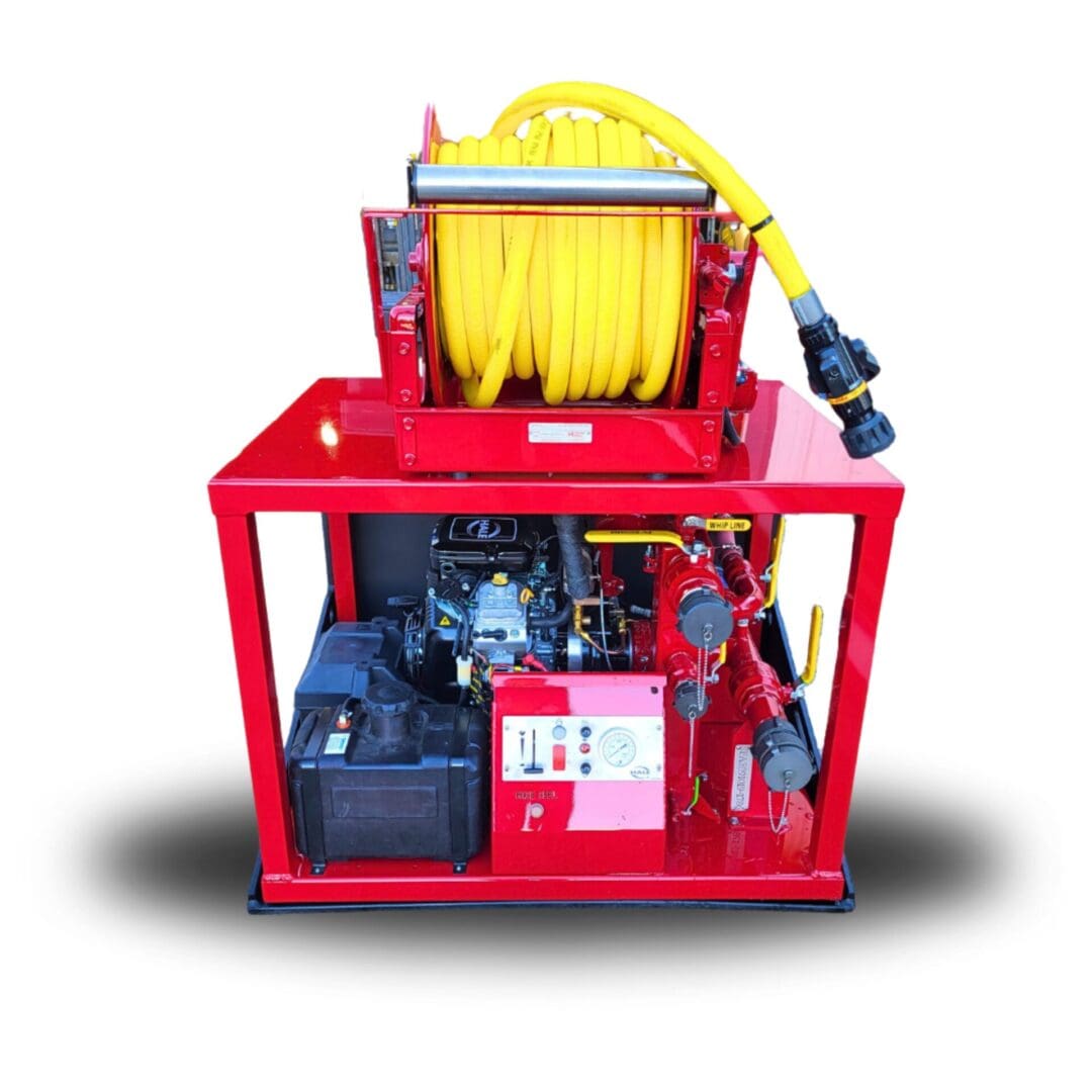 Red portable fire pump with hose reel.