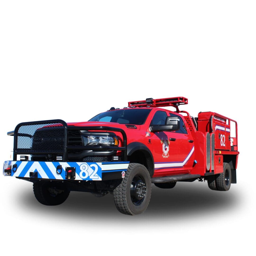 Red fire truck with black grill and blue stripe.