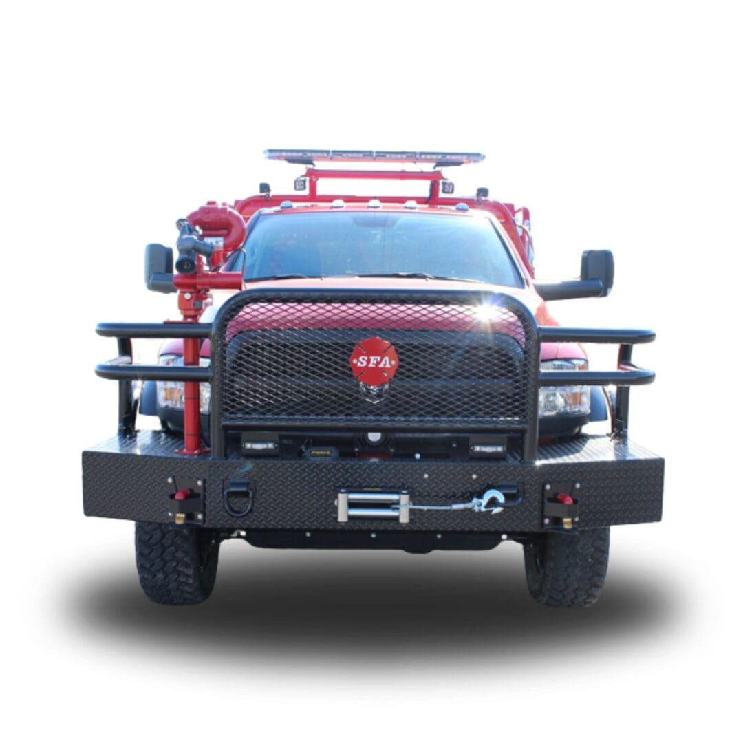 Red fire truck with a winch and a SFA logo.