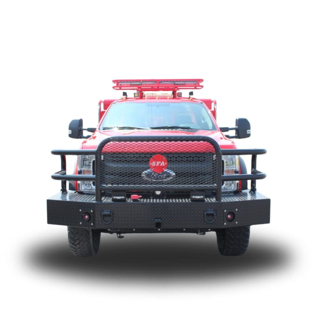 Red fire truck with a black bumper.