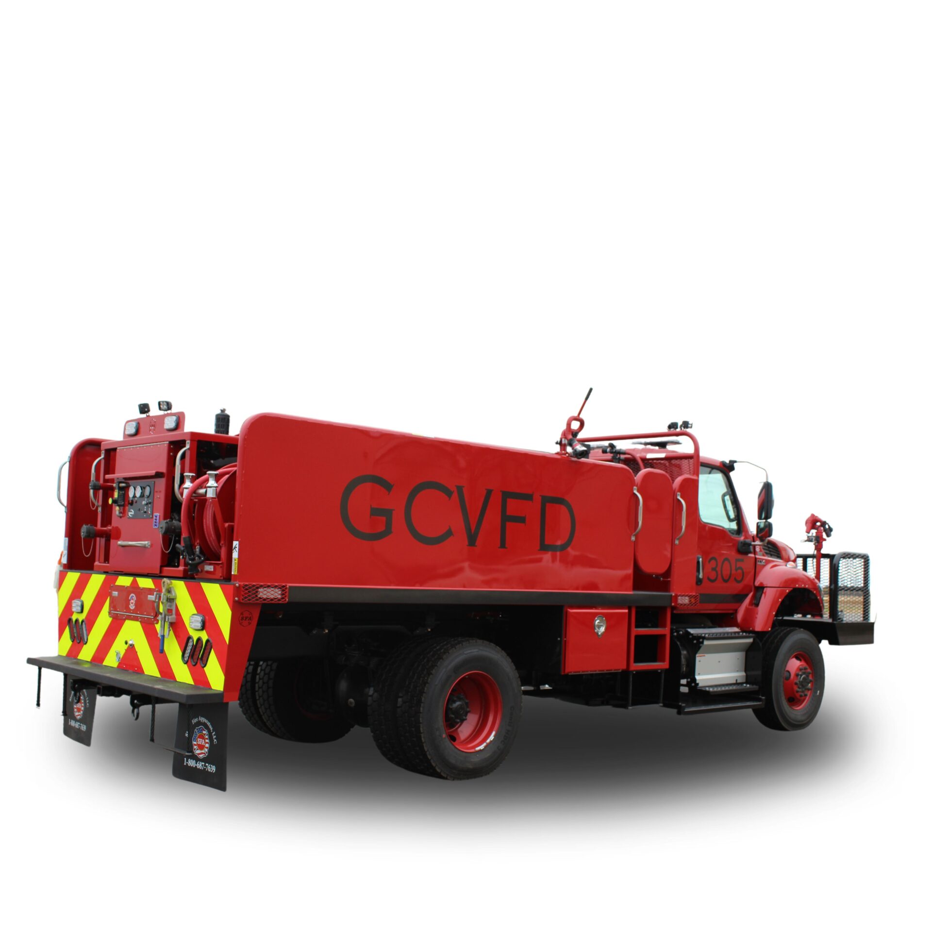 Red fire truck with GCVFDD logo.