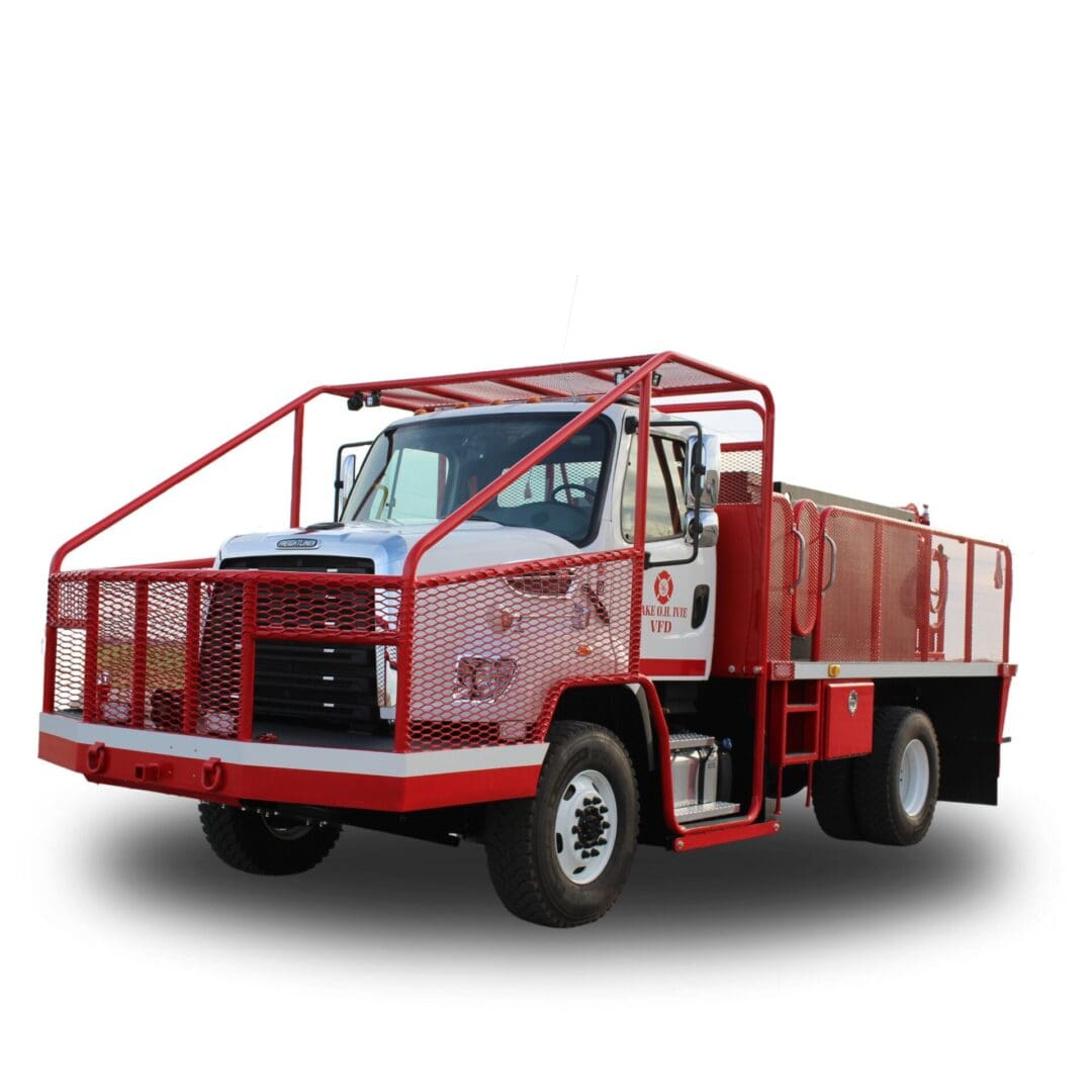 Red and white fire truck with cage