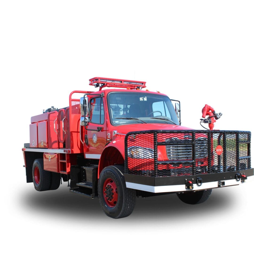 Red fire truck with black grill and bumper.