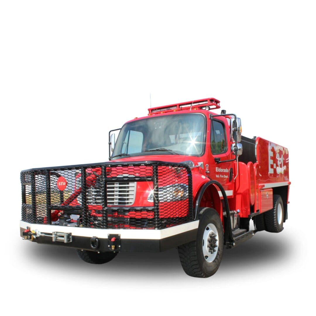 Red fire truck with a black grill.