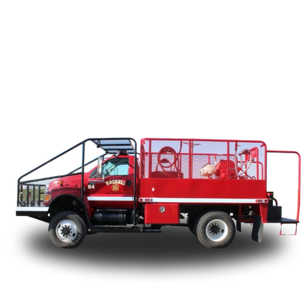 Red fire truck with cage and hoses.