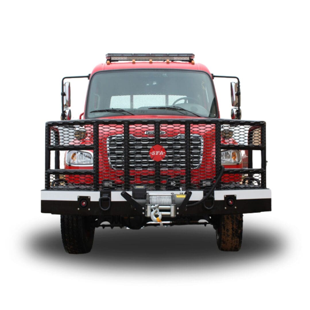 Red fire truck with a winch and grill.