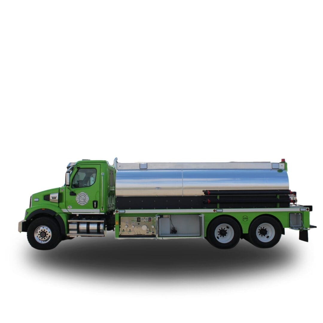 Green water tanker truck on white background.