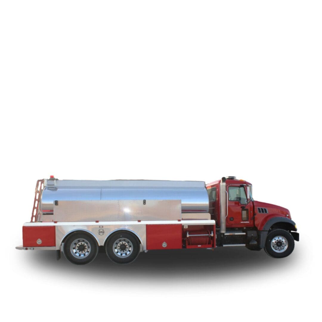 Red fire truck with a water tank.