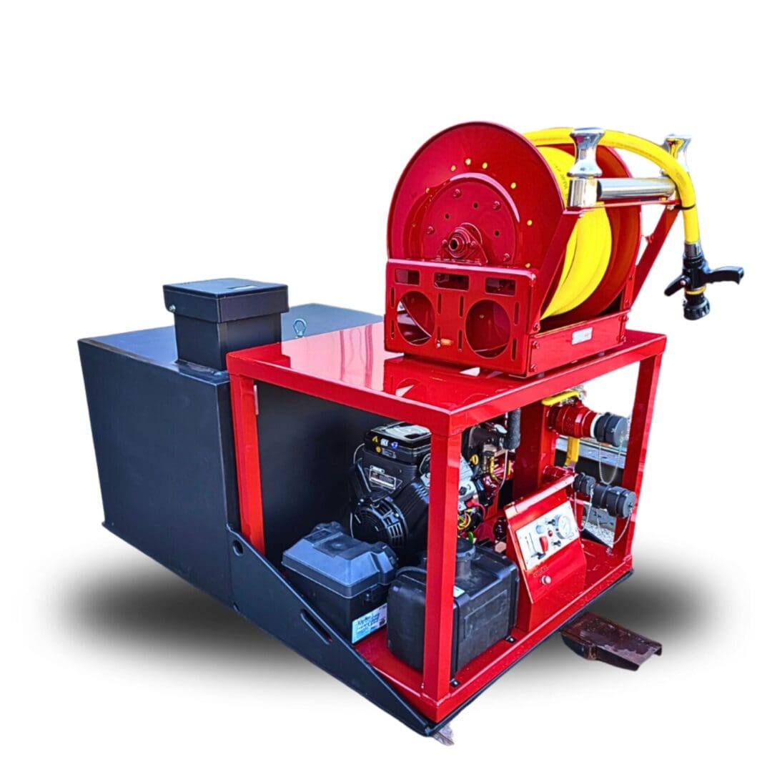 Portable fire pump with hose reel.