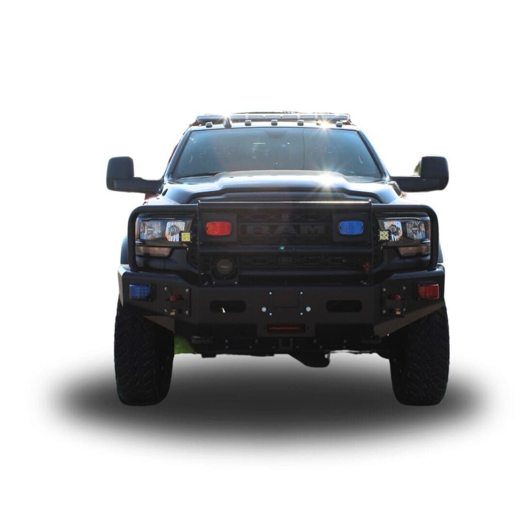 Black Ram truck with emergency lights.