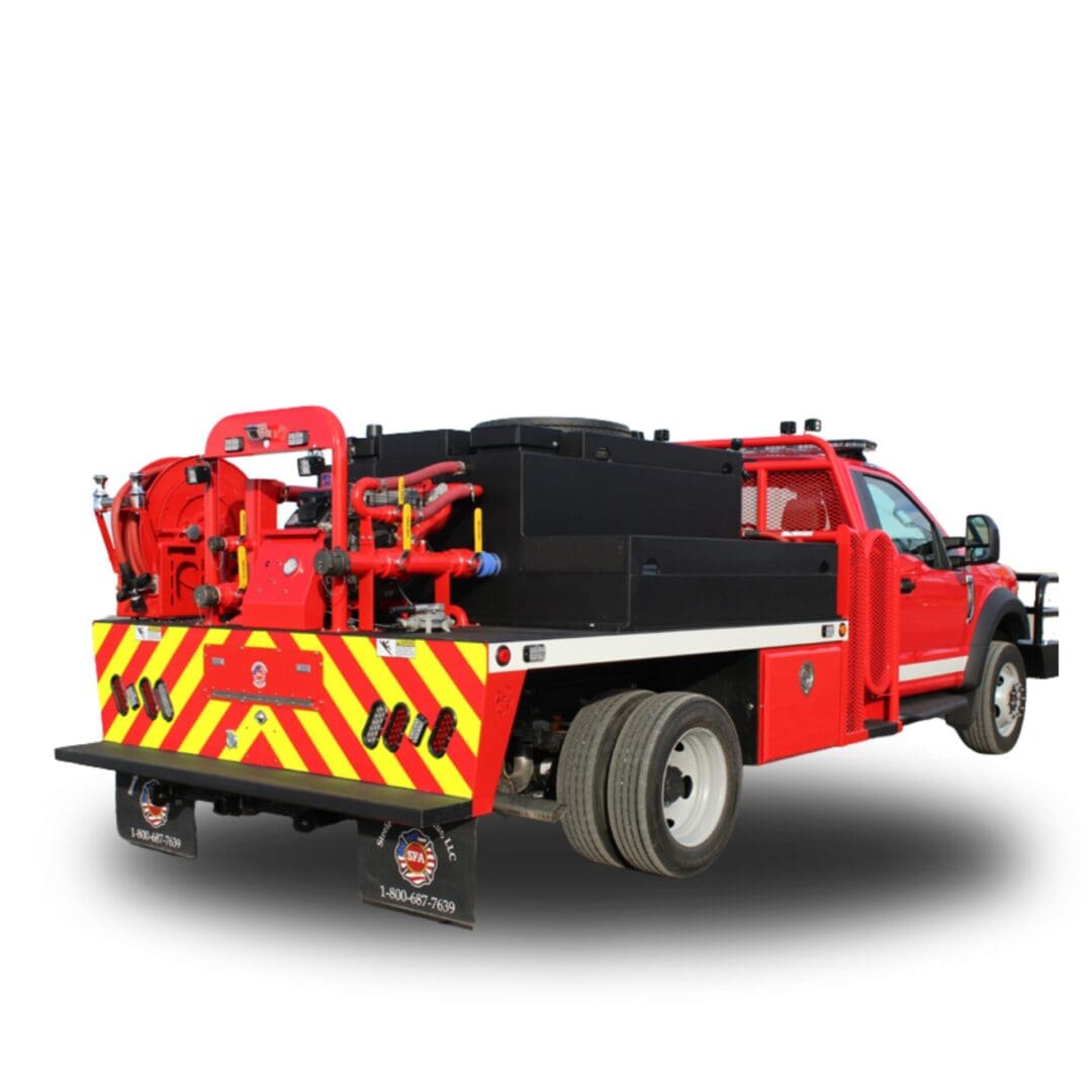 Red fire truck with water tank and hoses.