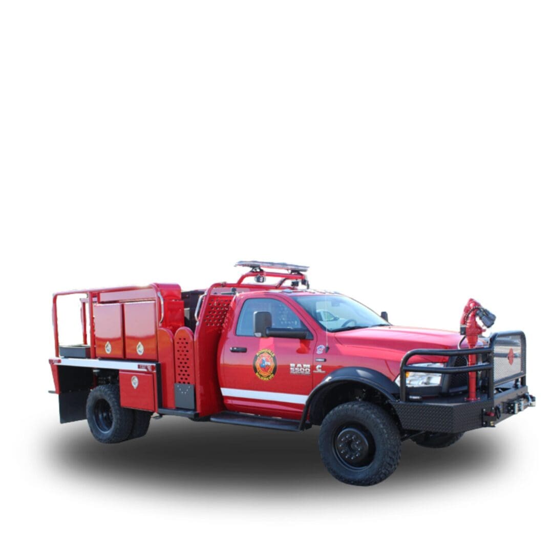 Red fire truck with hose and grill.