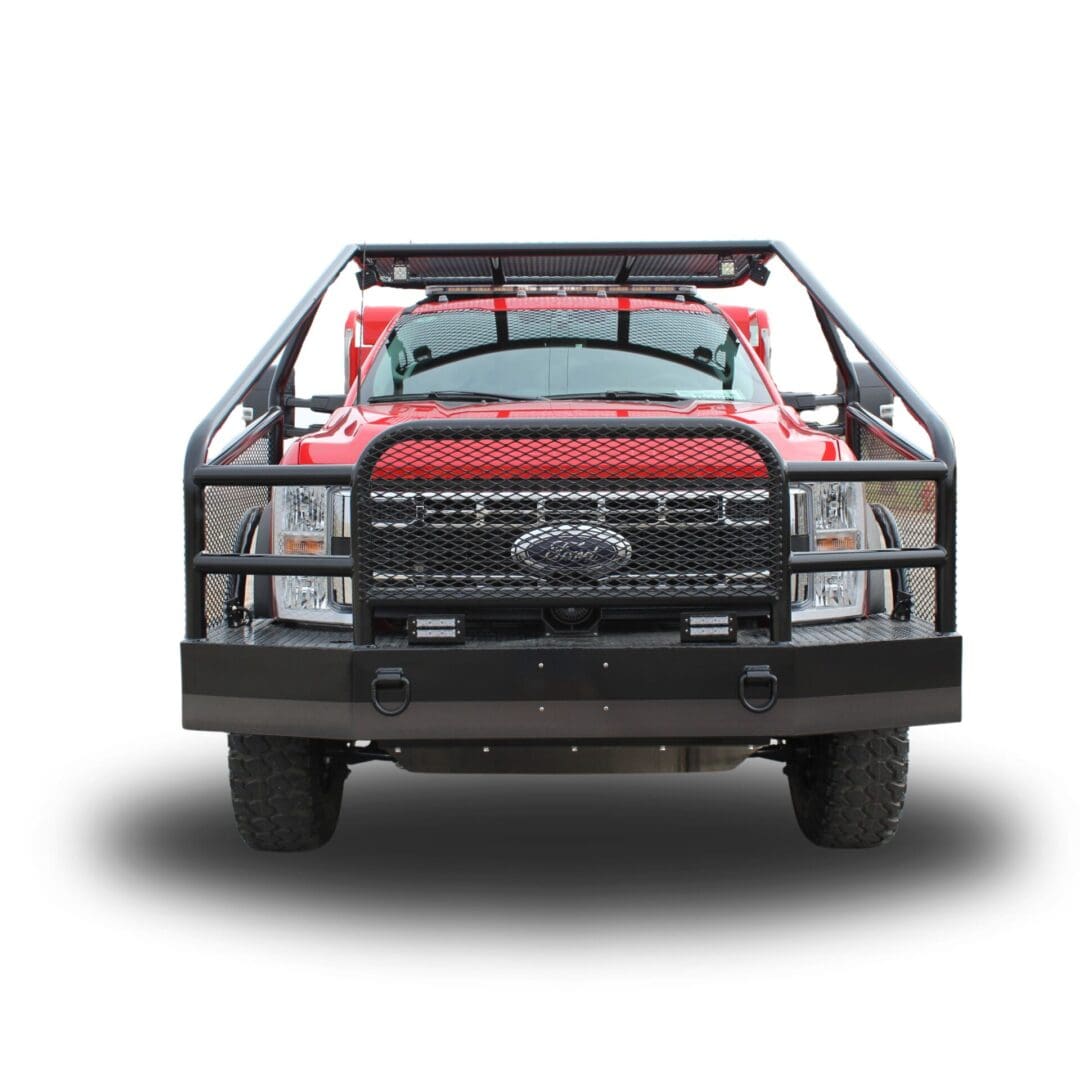 Red Ford F-Series truck with a cage.