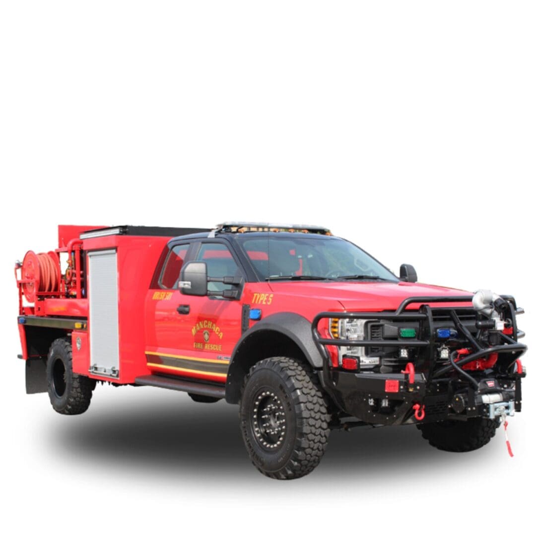 Red fire truck with a winch and hose.