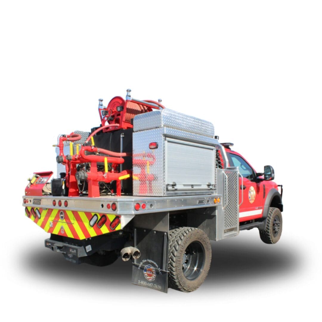 Red fire truck with hose reel and equipment.