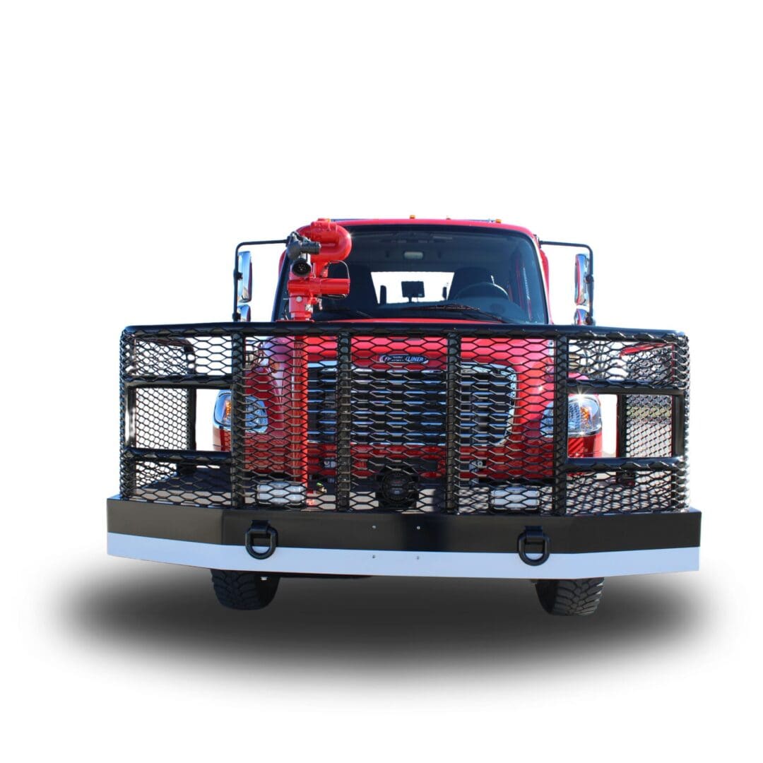 Red truck with a black grille and a cage.