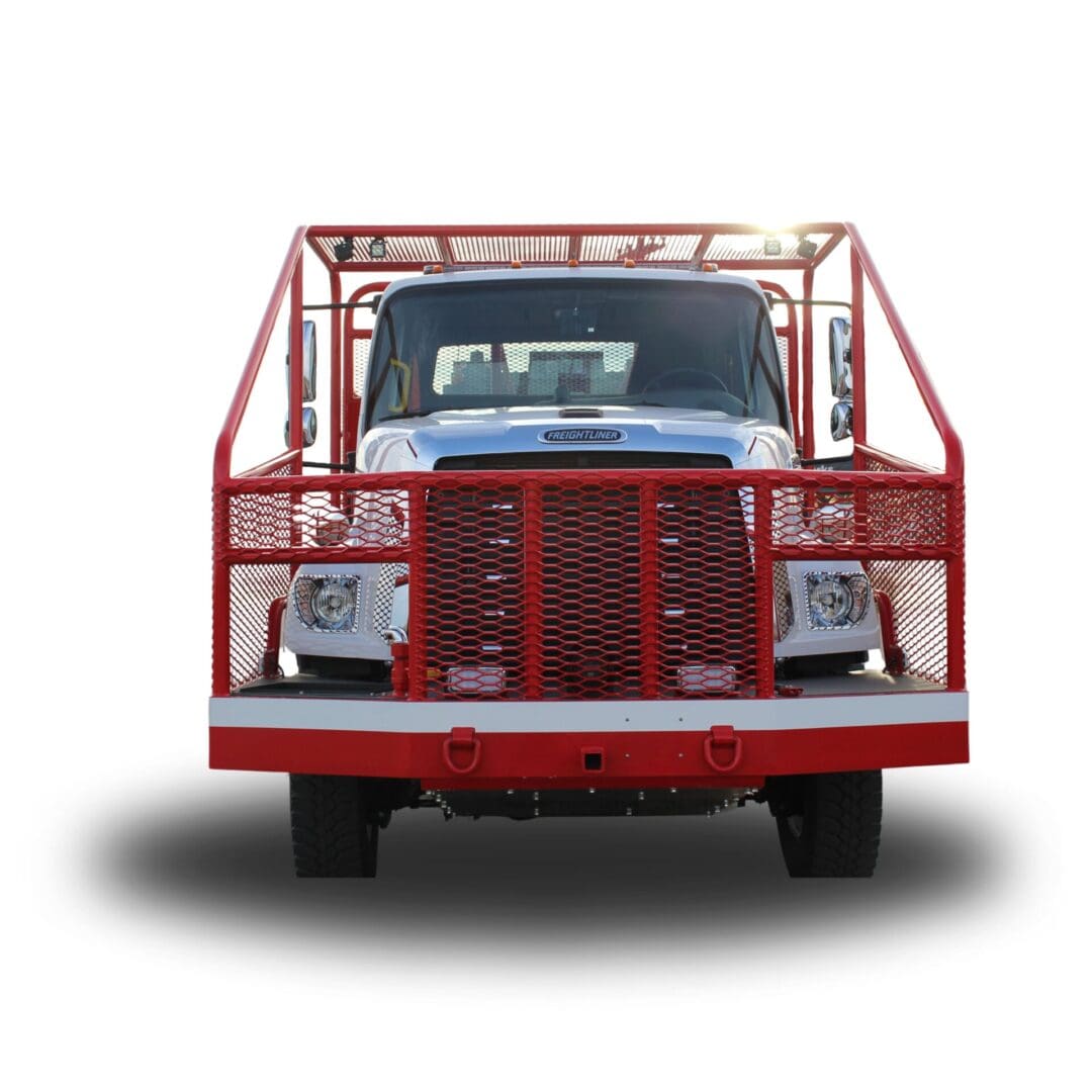 White Freightliner truck with red cage.