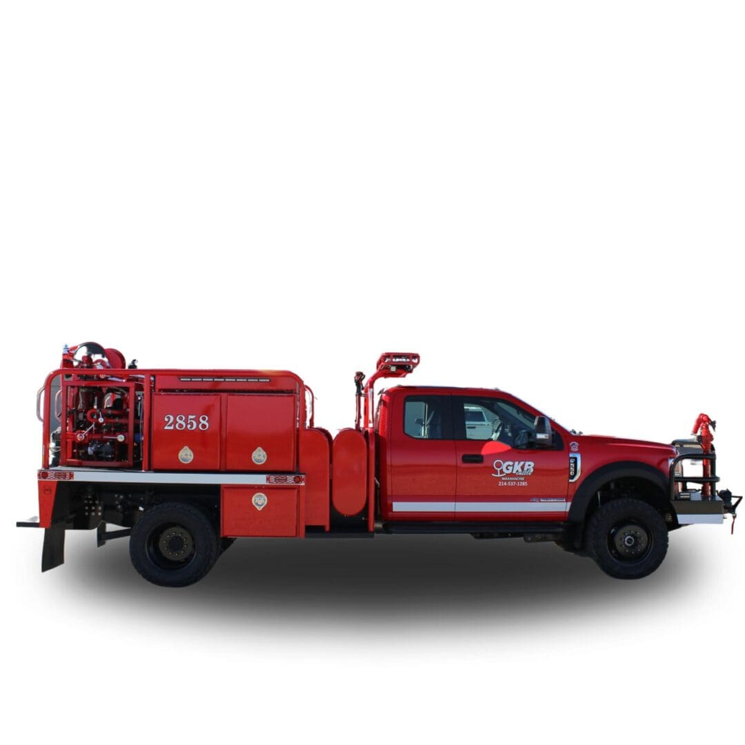 Red fire truck with water tank.