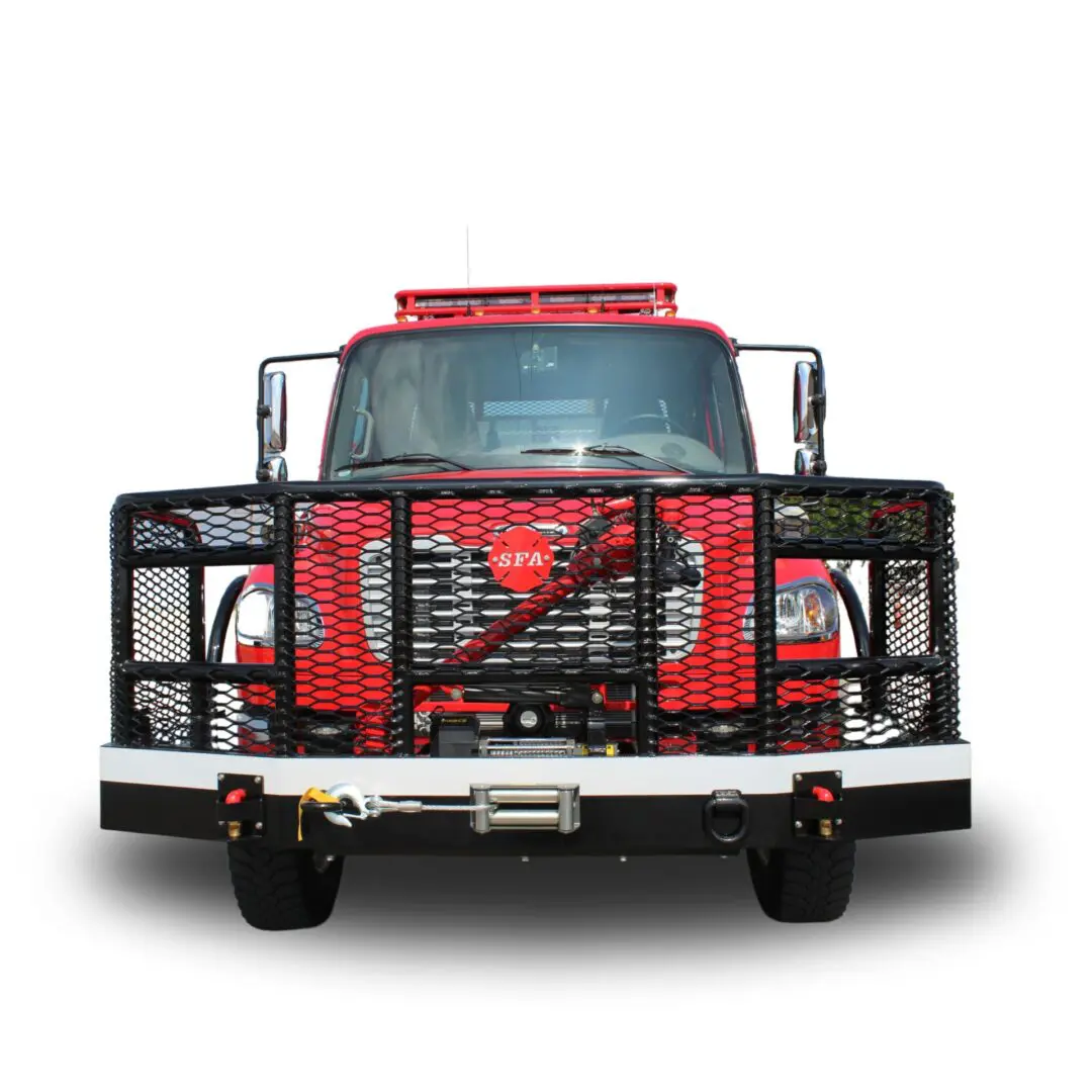 Red fire truck with black grill.