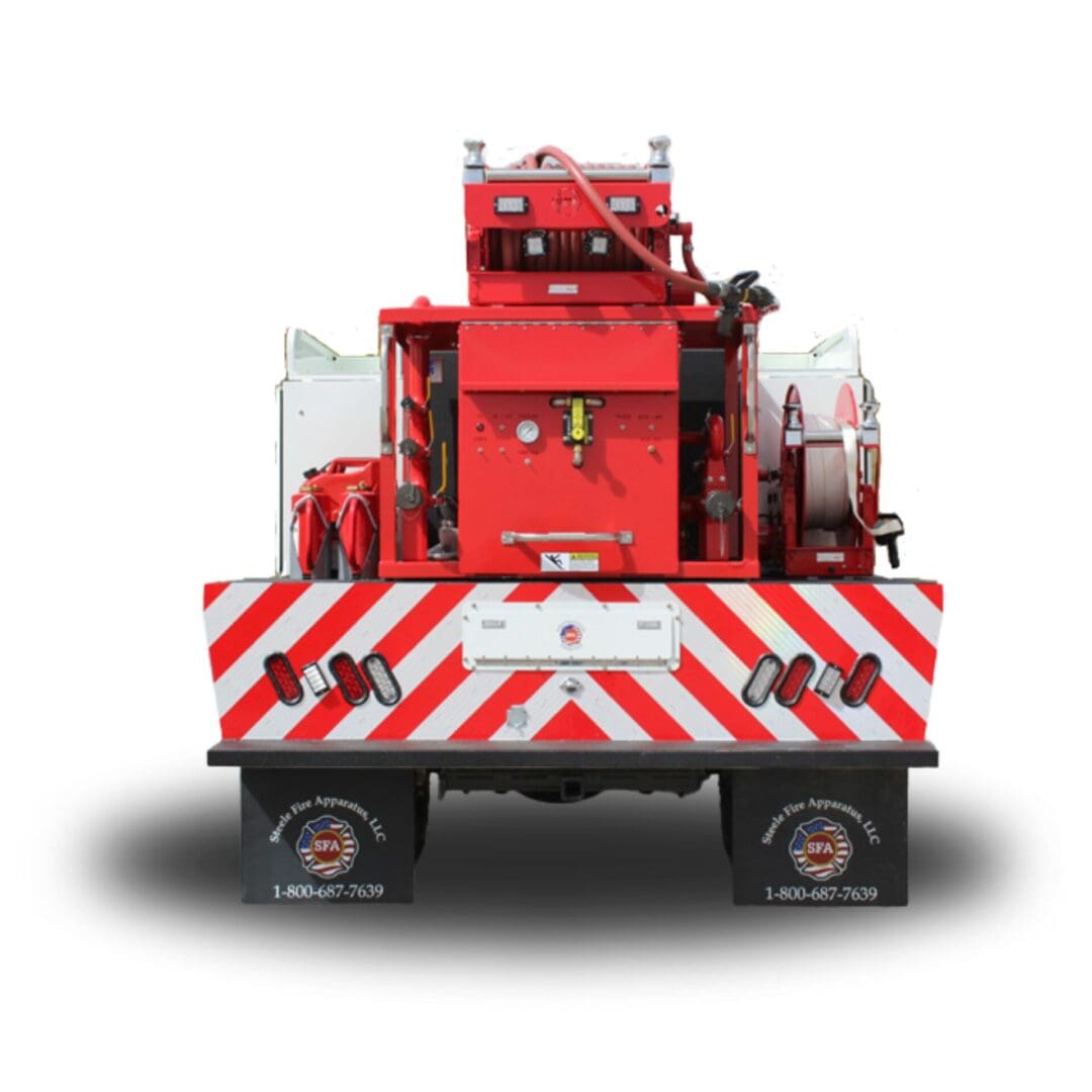 Red fire truck with chevron markings.