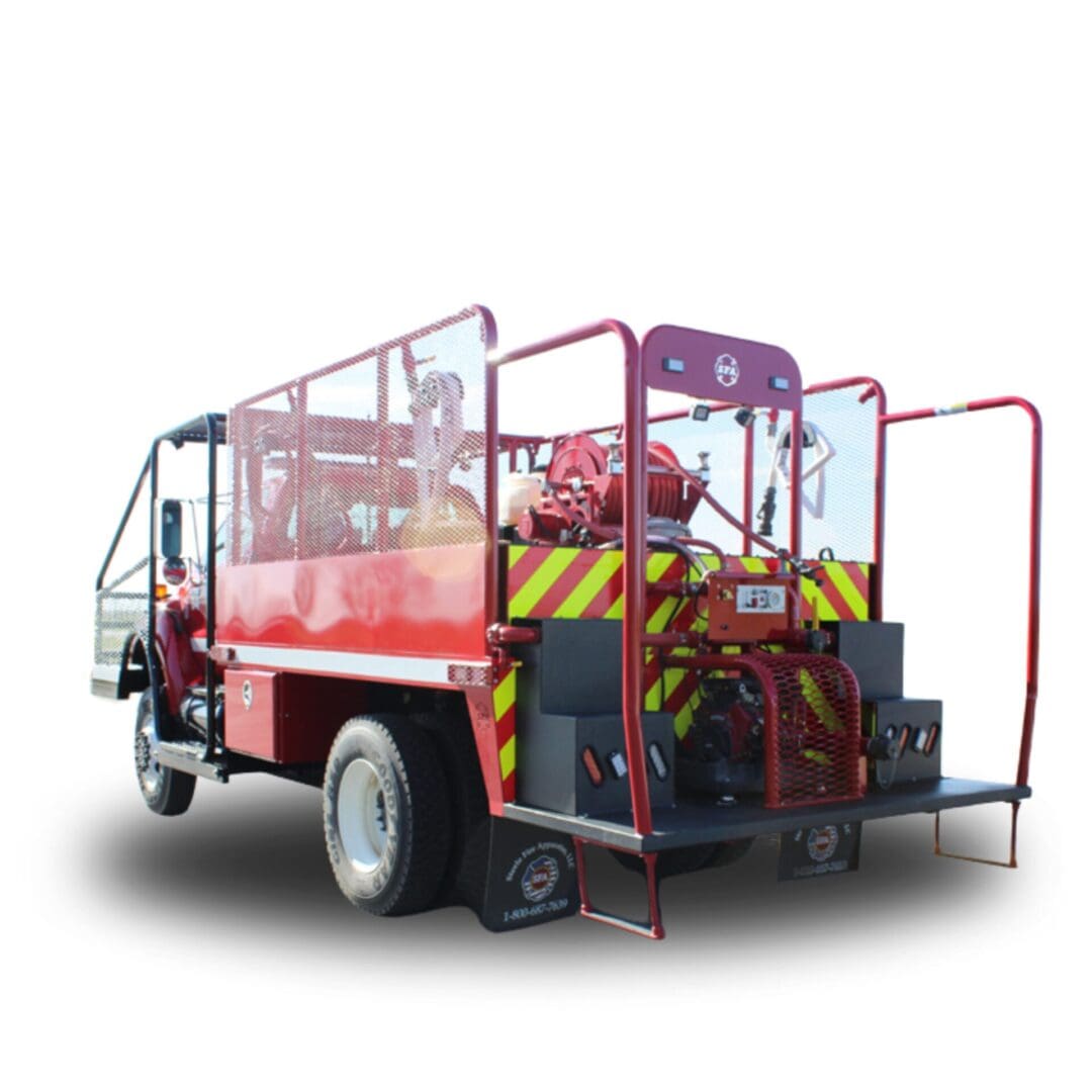 Red fire truck with hose reel and cage.