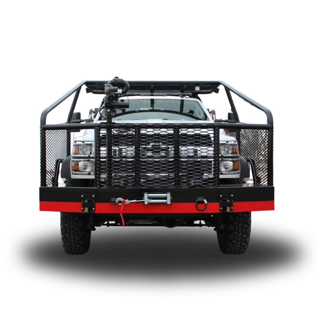 White truck with black cage and red bumper.