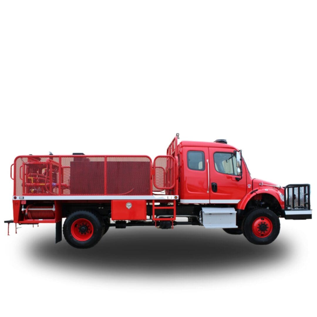 Red fire truck with a flatbed.