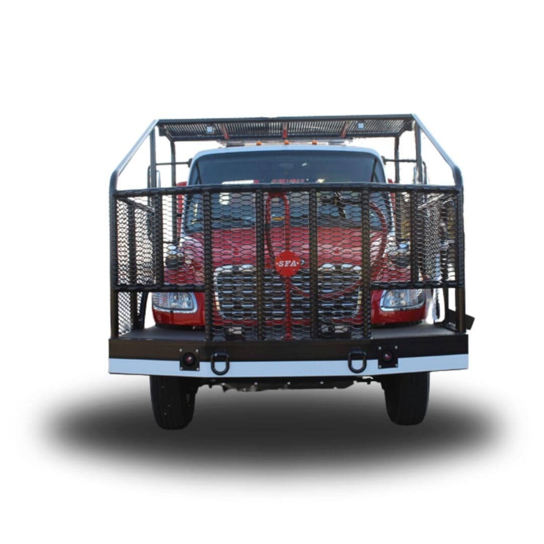 Red truck with black cage and bumper.