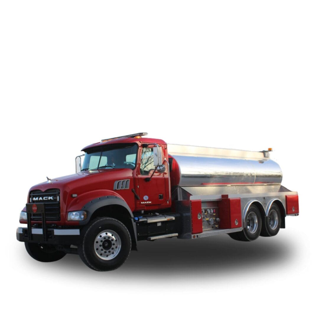 Red Mack tanker truck on white background.