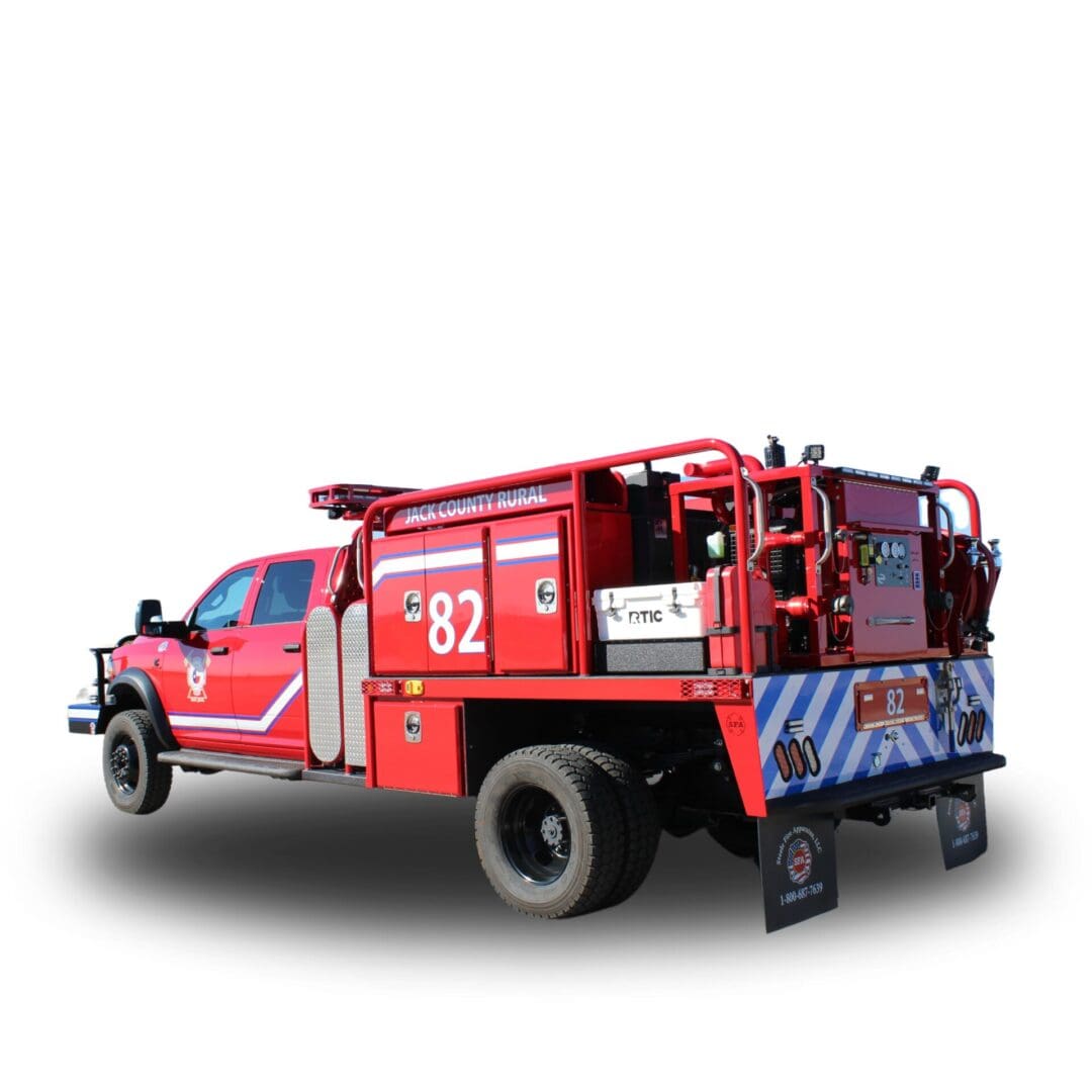 Red fire truck with Jack County Rural logo.