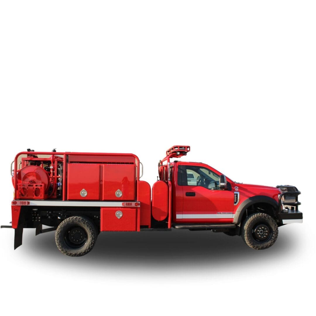 Red fire truck with water tank.