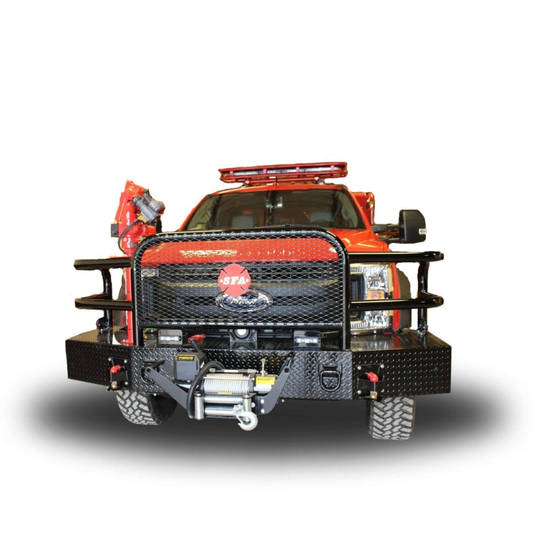 Red fire truck with winch and bumper.