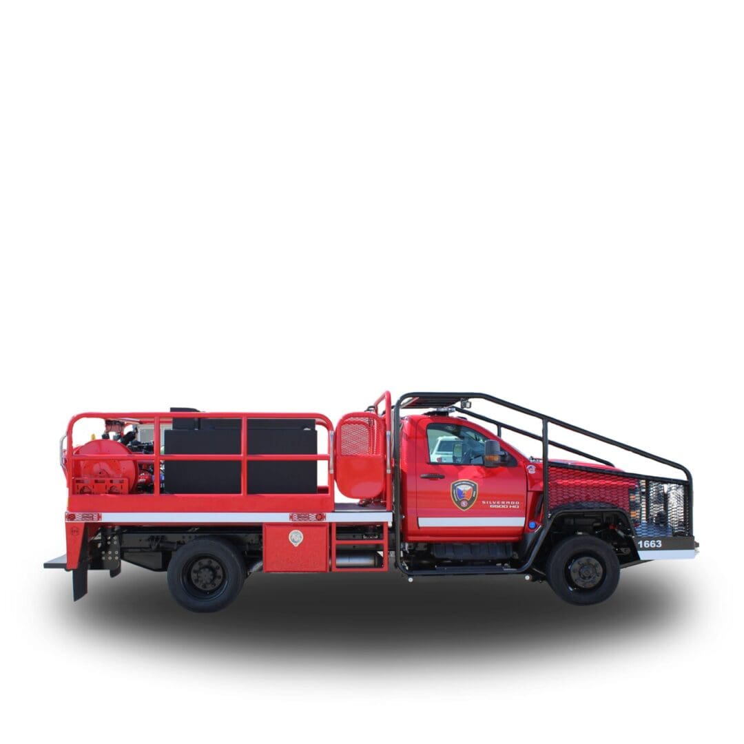 Red fire truck with black cage