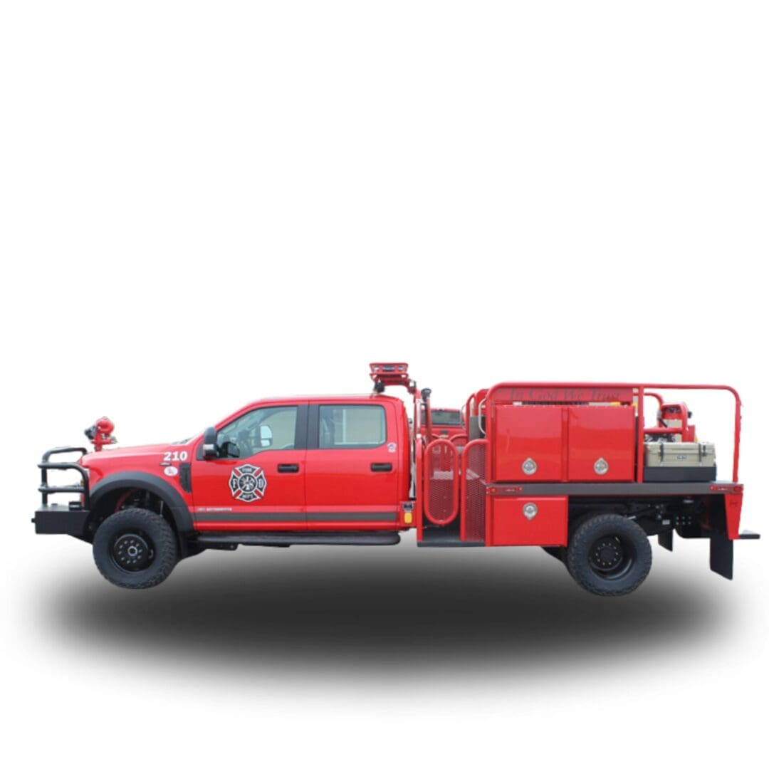 Red fire truck with water tank.