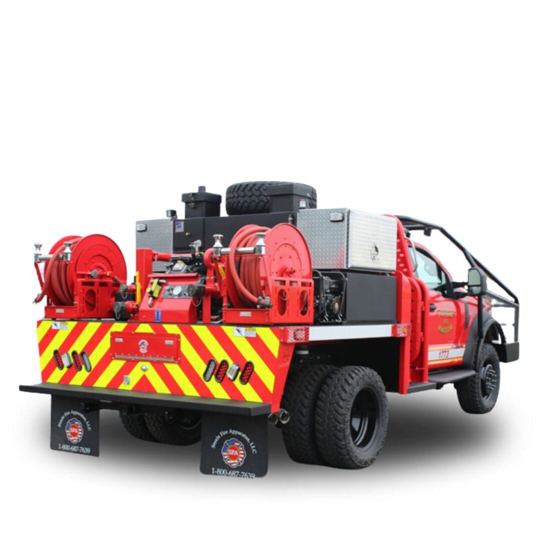 Red fire truck with hoses and equipment.